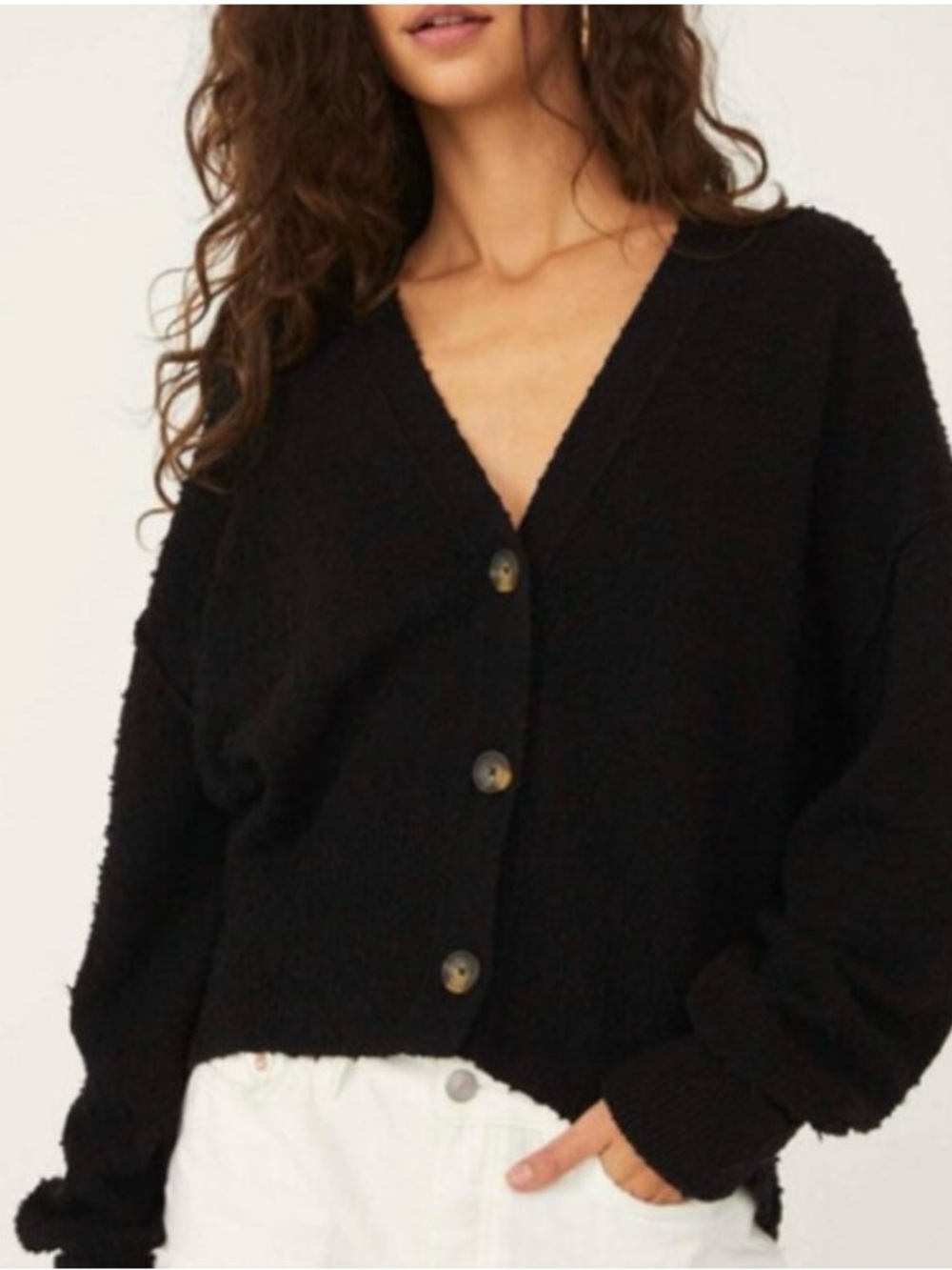 Free People Found My Friend Black V-Neck Button Sweater Cardigan